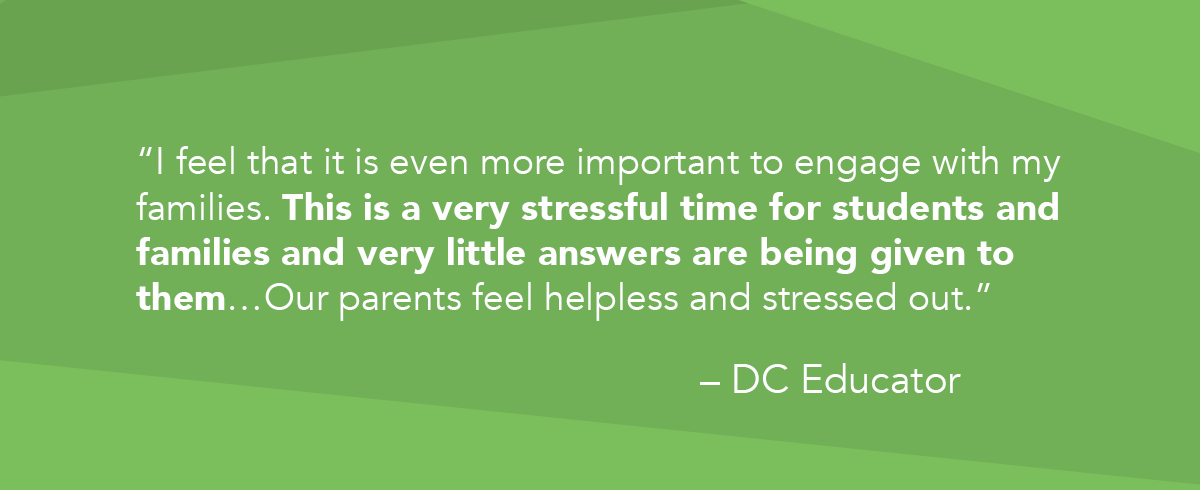 “I feel that it is even more important to engage with my families. This is a very stressful time for students and families and very little answers are being given to them…Our parents feel helpless and stressed out.” quote by DC Educator